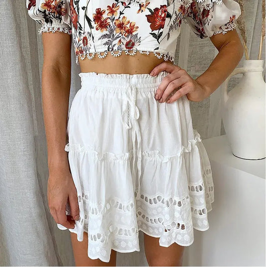 Boho White Lace Ruffle Midi Skirt